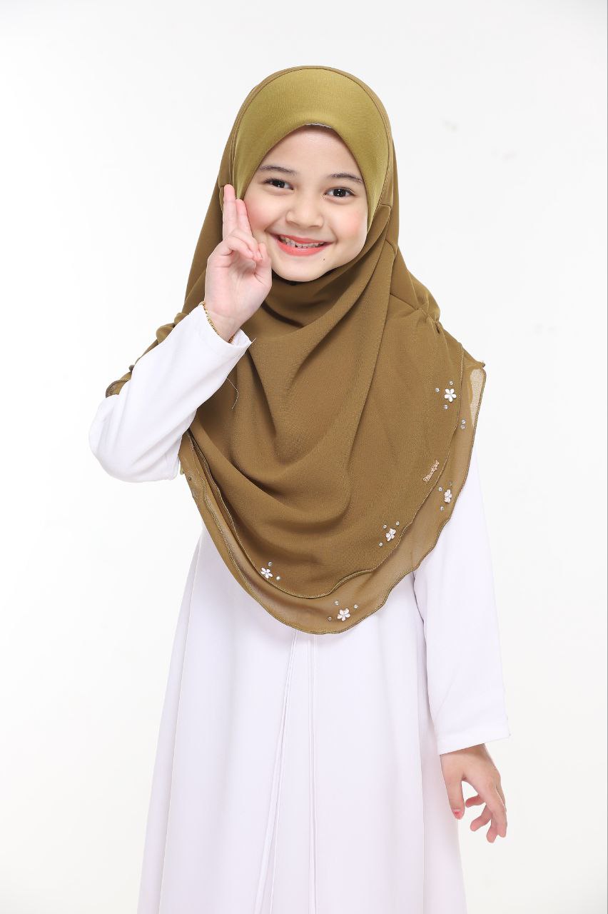 Instant Kids Hijab One Piece Chiffon Hijab with Flower Design with stones