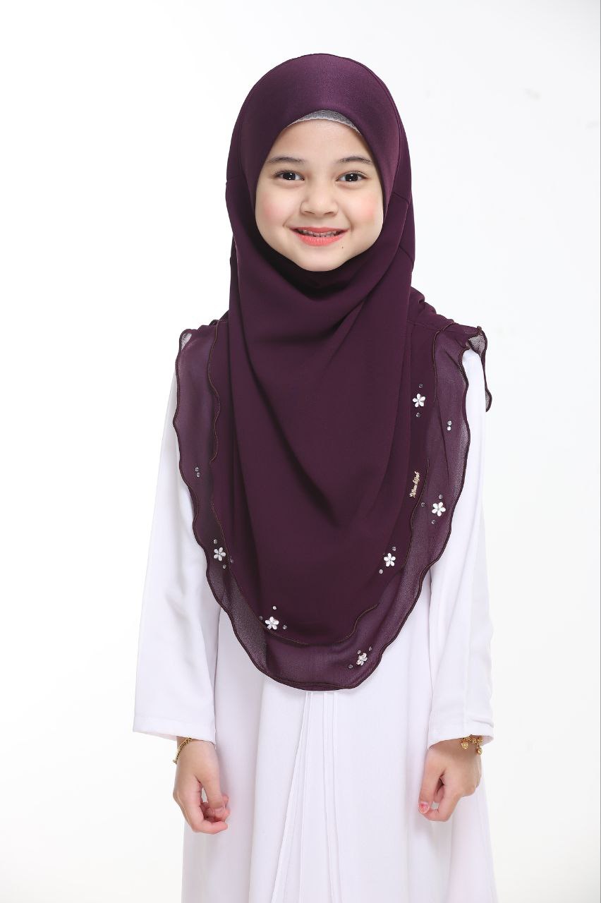 Instant Kids Hijab One Piece Chiffon Hijab with Flower Design with stones