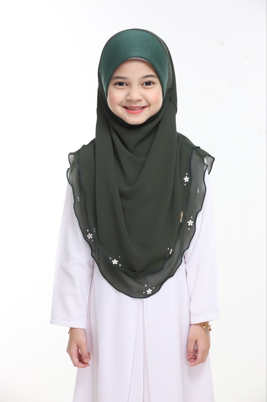 Instant Kids Hijab One Piece Chiffon Hijab with Flower Design with stones