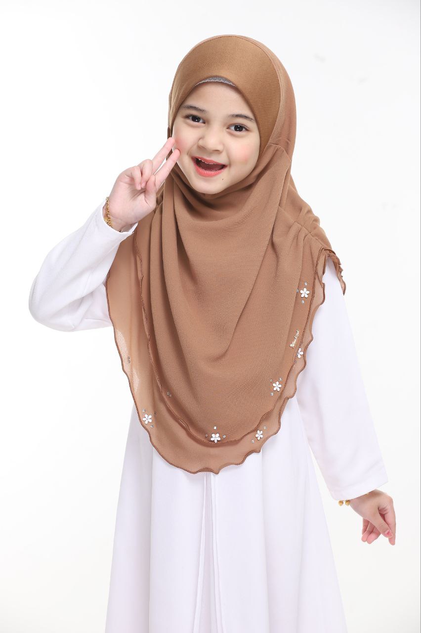 Instant Kids Hijab One Piece Chiffon Hijab with Flower Design with stones