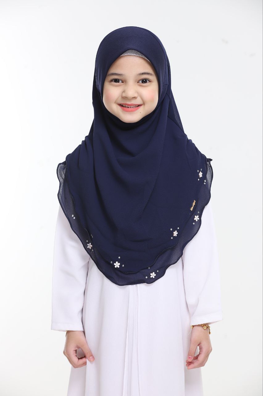 Instant Kids Hijab One Piece Chiffon Hijab with Flower Design with stones