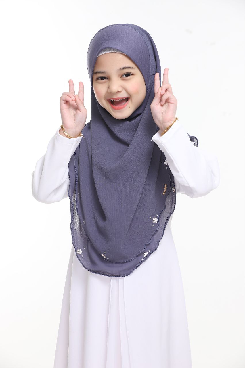 Instant Kids Hijab One Piece Chiffon Hijab with Flower Design with stones