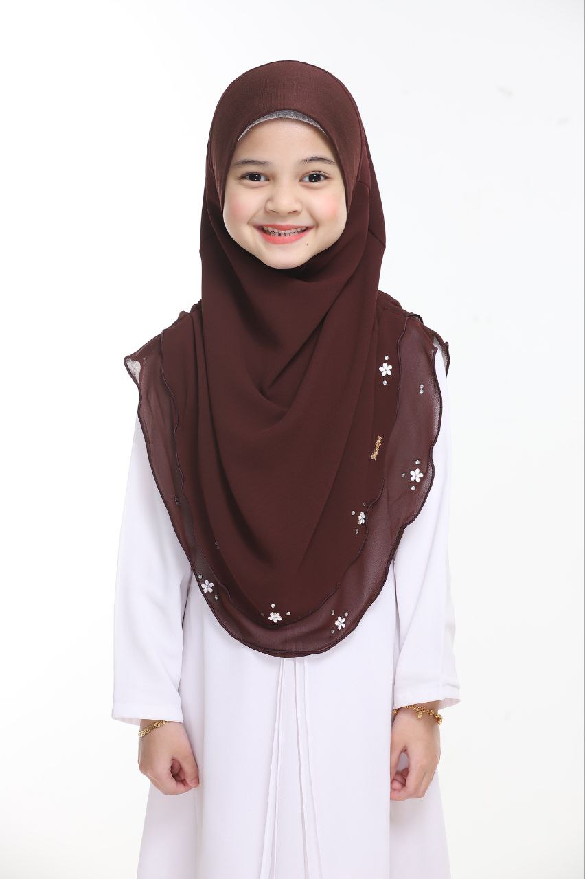 Instant Kids Hijab One Piece Chiffon Hijab with Flower Design with stones