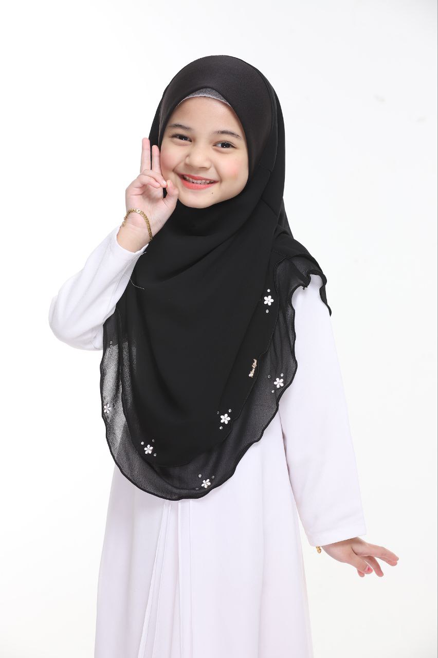 Instant Kids Hijab One Piece Chiffon Hijab with Flower Design with stones