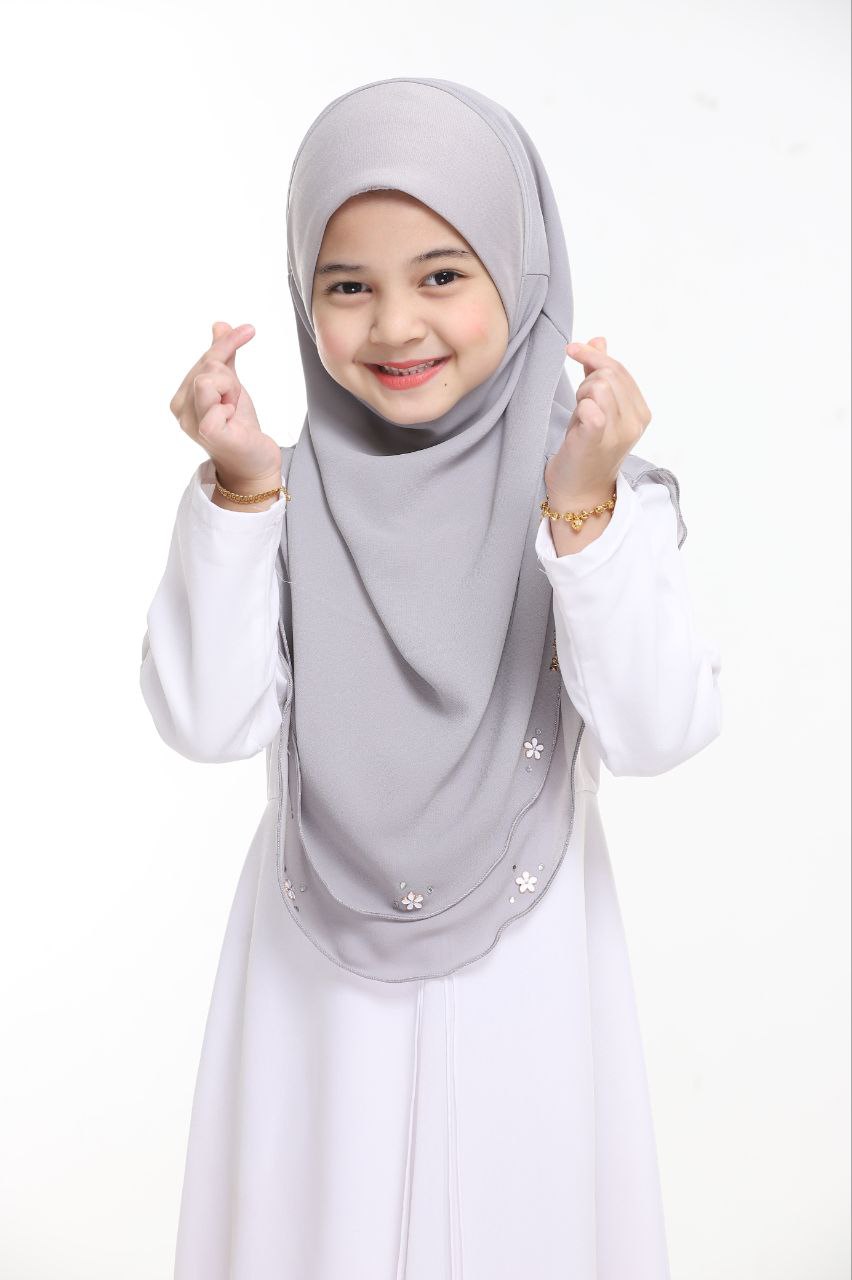 Instant Kids Hijab One Piece Chiffon Hijab with Flower Design with stones