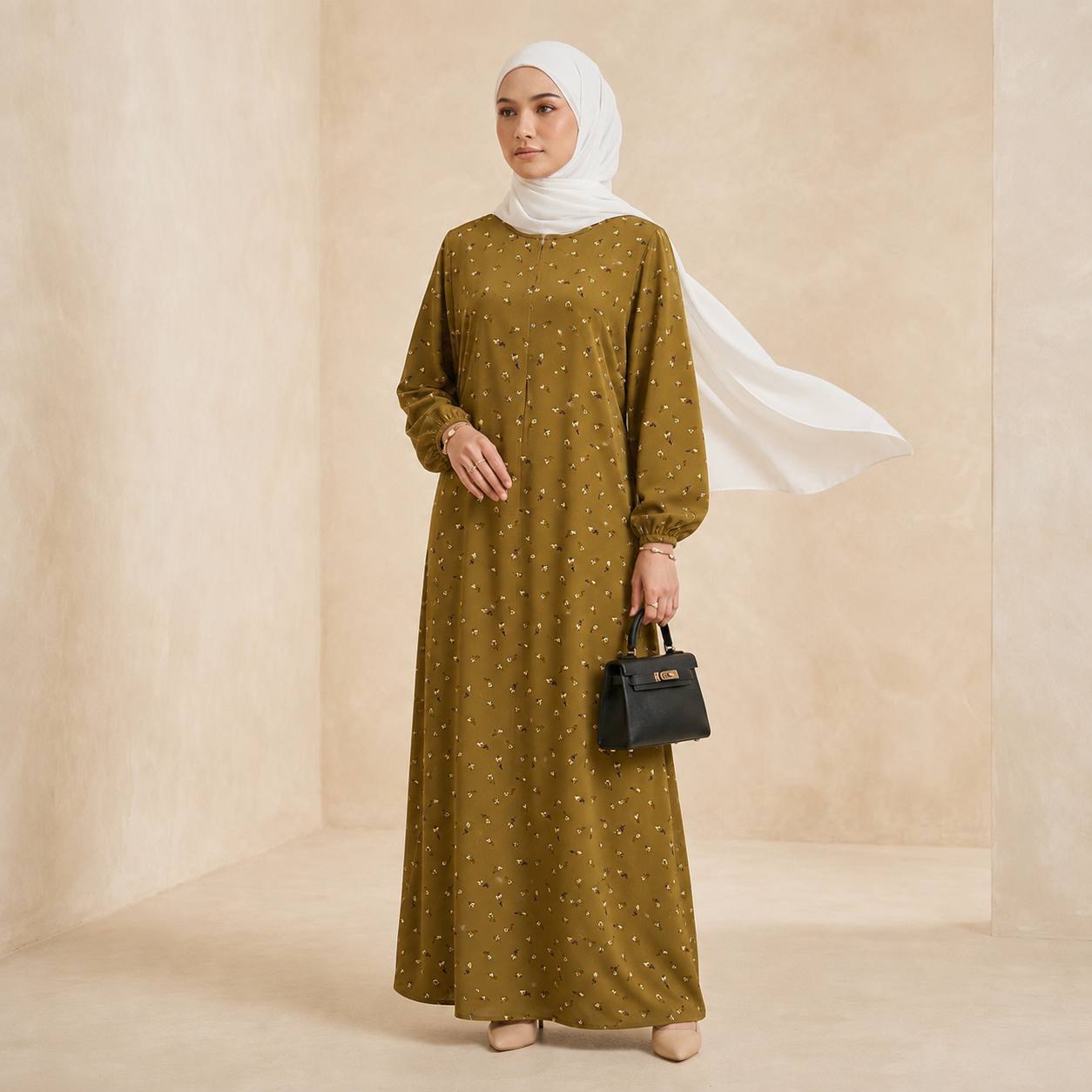 Jenin Modest Abaya Floral Print with front zipper Italian crepe (Dark olive)