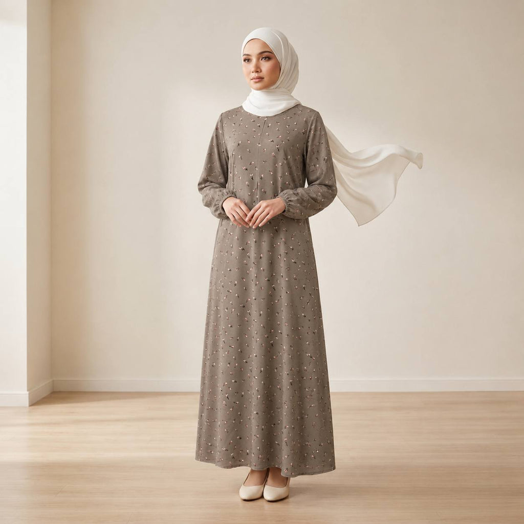 Jenin Modest Abaya Floral Print with front zipper Italian crepe (Grey)