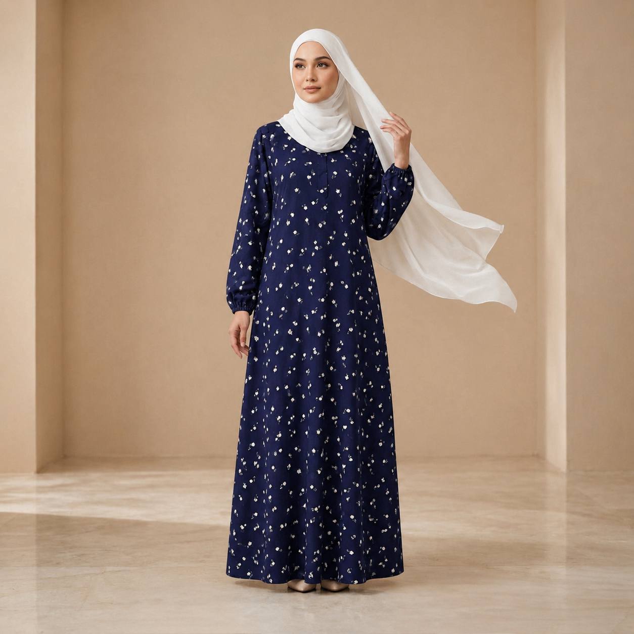 Jenin Modest Abaya Floral Print with front zipper Italian crepe (Navy Blue)