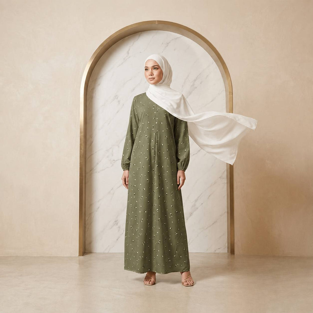Jenin Modest Abaya Floral Print with front zipper Italian crepe (Sage Green)