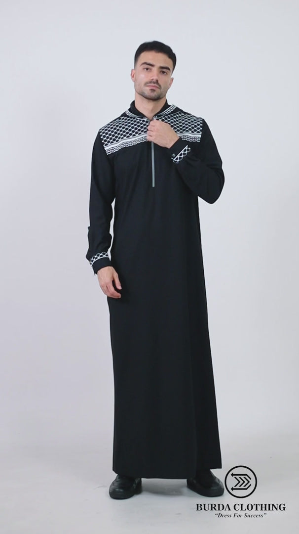 Adult hooded Thobe Palestine Keffiyeh inspired Black/white (Dad & son matching)