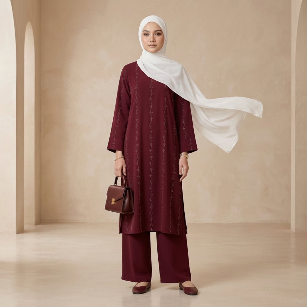 A woman modeling a three-piece maroon kurta set with matching wide-leg trousers and a white hijab, holding a small maroon handbag. The image is set in a warm beige architectural studio with arches, and has the text '#633' in the bottom right corner.