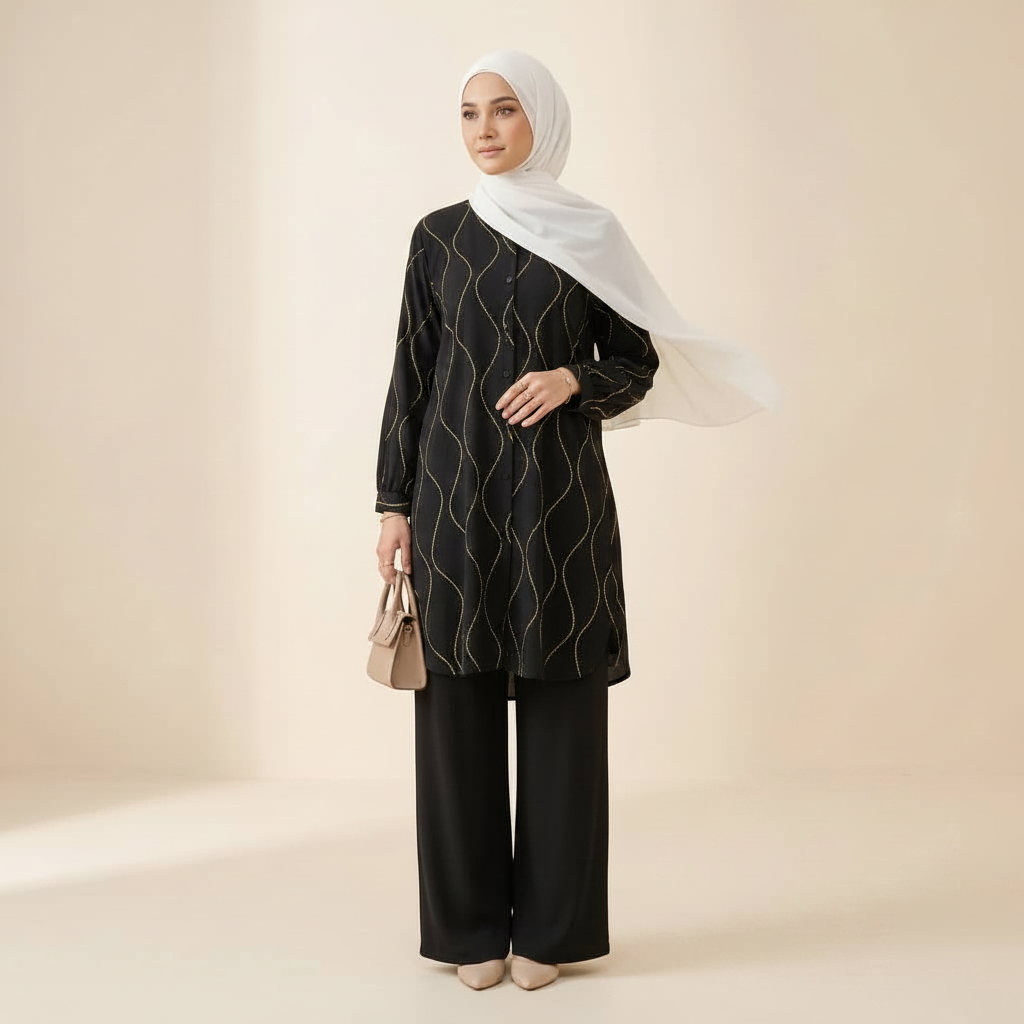 A woman modeling a black long-sleeve tunic with thin wavy white stripes, paired with black wide-leg pants and a white hijab, holding a beige handbag. The image has text overlays reading 'SET P.