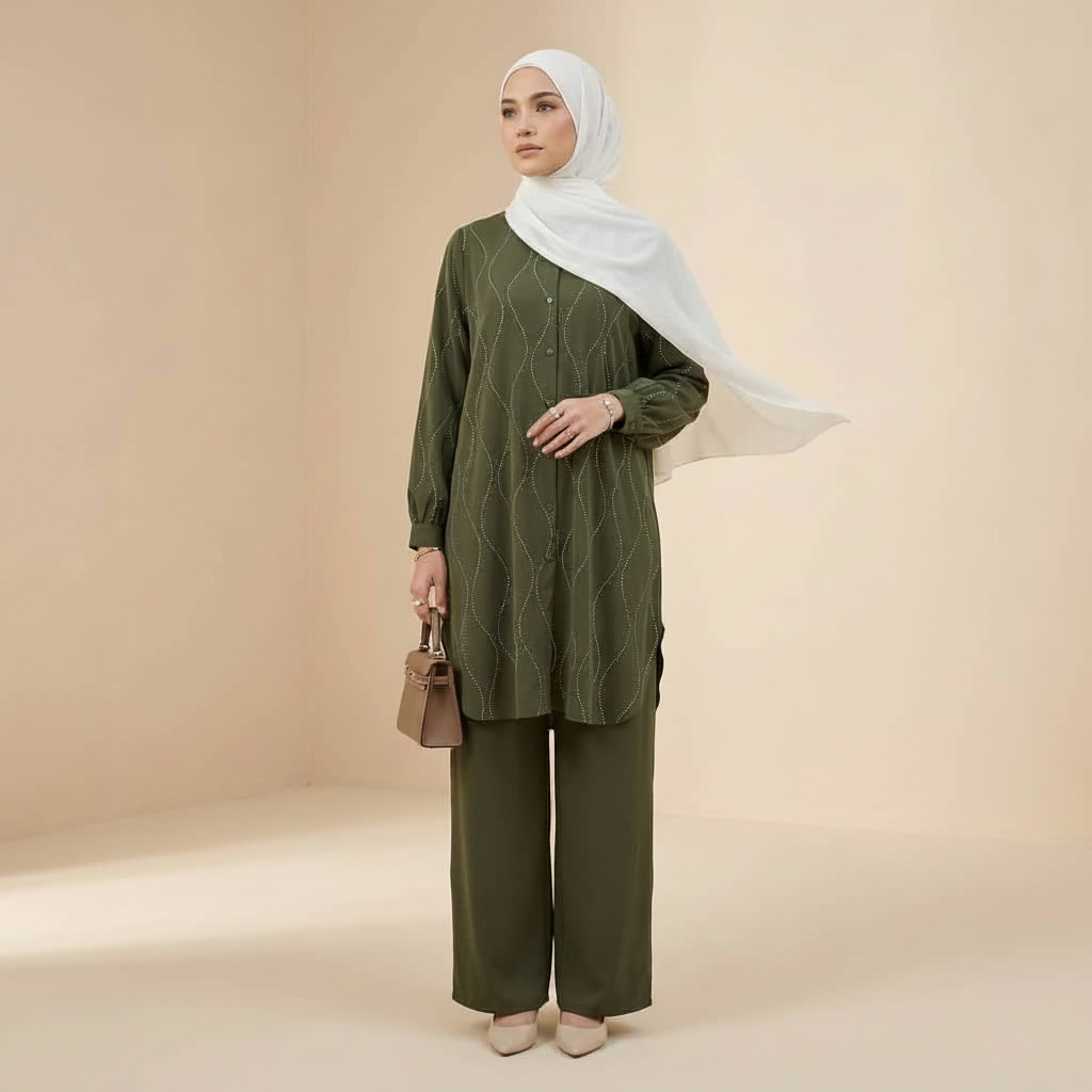Ummul Fahm Women's Medium Length 2 Piece Co-Ord Set with Beadwork (Sage green)